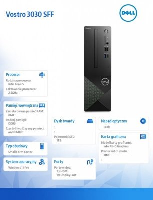 Dell Komputer Vostro 3030 SFF W11Pro i5-14400/8GB/1TB SSD/Intel UHD 730/WLAN+BT/Kb/Mouse/3Y PS