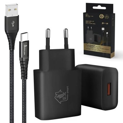 Extralink Zestaw Smart Life USB Type-A do Type-C, 200cm,Czarny + Ładowarka12W czarna