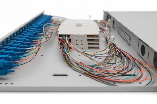 Digitus Przełącznica światłowodowa/panel krosowy z wyposażeniem 19 cali 1U, 24x SC duplex, OS2, pigtaile, adaptery, tacki, wysuwany, Szary