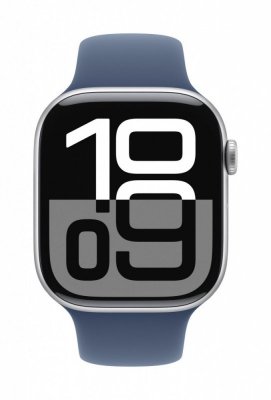 Apple Watch Series 10 GPS, koperta 42 mm z aluminium w kolorze srebrnym z paskiem sportowym w kolorze denim - rozmiar M/L