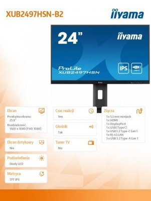 IIYAMA Monitor 24 cale XUB2497HSN-B2 IPS, USB-C Dock, HDMI, DP, 300cd, Pivot, HAS