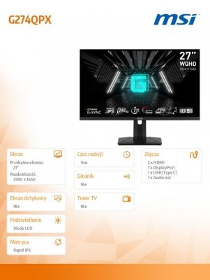 MSI Monitor 27 cali G274QPX LED/QHD/Flat/240Hz/Czarny
