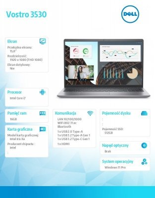 Dell Notebook Vostro 15 (3530) Win11Pro i7-1355U/16GB/512GB SSD/15.6 cali