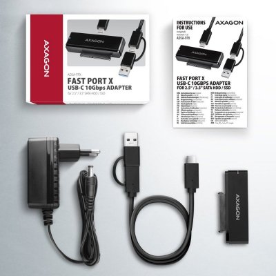 AXAGON ADSA-FPX Adapter USB-C 10Gbps SATA 6G 2.5 cali/3.5 cali SSD/HDD FASTPORT X, w tym zasilacz, 60cm USB-C/USB-A kabel