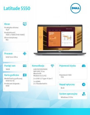 Dell Notebook Latitude 5550 Win11Pro Ultra 7 165U/16GB/1TB SSD Gen4/15.6 FHD/Integrated/FgrPr&SmtCd/FHD/IR Cam/Mic/LTE 4G+BT/Backlit Kb/3C/vPro/3YPS