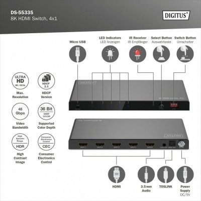 Digitus Przełącznik / Switch HDMI 4x1, 8K/60Hz (4:4:4) z HDR, 48 Gbps, HDCP 2.3, Toslink / Stereo, EDID