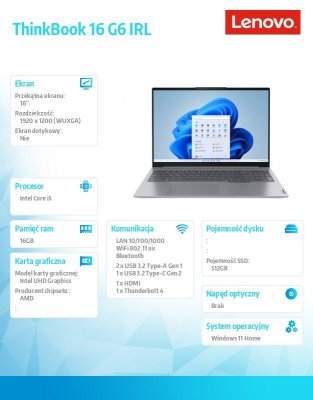 Lenovo Notebook ThinkBook 16 G6 21KH00VYPB W11Home i5-13420H/16GB/512GB/INT/16.0 WUXGA/Arctic Grey/3YRS OS + CO2 Offset