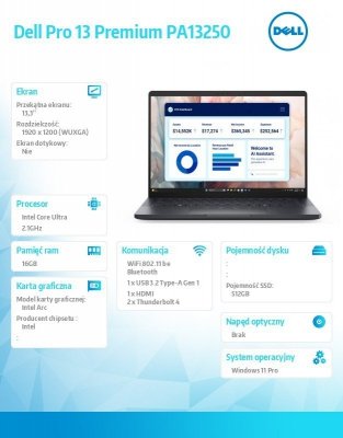 Dell Laptop Dell Pro 13 Premium PA13250 Win11Pro Ultra 5 236V/16GB/512GB SSD G4/13,3 cal
