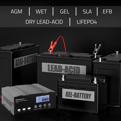 Qoltec Inteligentna mikroprocesorowa ładowarka 12V | 12.6V | 24V |Prostownik z funkcją naprawy do akumulatora AGM GEL LiFePO4 | LCD