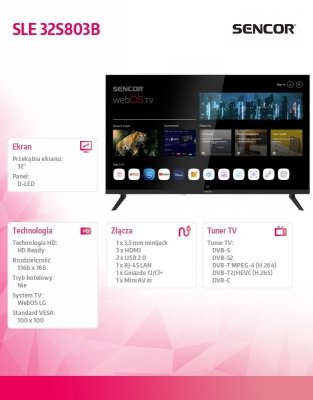 Sencor Telewizor 32 cale Smart webOS LG SLE 32S803B DVB-T/T2/C/S/S2 BT5