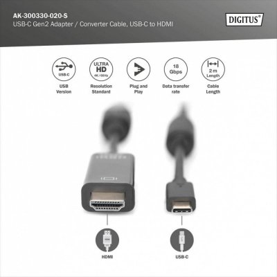 Digitus Kabel USB Type-C/HDMI M/M USB 3.1 Gen.2 SuperSpeed+ 4K/60Hz 18Gbps 2m czarny