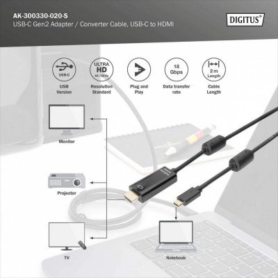 Digitus Kabel USB Type-C/HDMI M/M USB 3.1 Gen.2 SuperSpeed+ 4K/60Hz 18Gbps 2m czarny