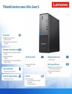 Lenovo Komputer ThinkCentre Neo 50s G5 SFF 12XF002LPB W11Pro i5-13500/16GB/512GB/INT/DVD/3YRS OS