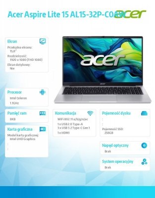 Acer Laptop Acer Aspire Lite 15 AL15-32P-C0AW Celeron N4500, 15.6 FHD IPS, 8GB, 256GB SSD, No OS, Pure Silver