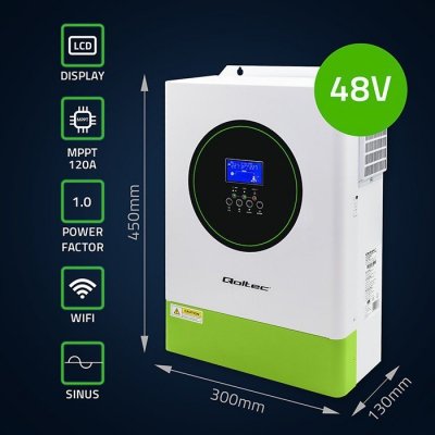 Qoltec Modularny Hybrydowy Inwerter solarny Off-Grid 6.2kVA | 6.2kW |   120A | MPPT | 12 jednostek | BMS | Sinus | opcja Wi-Fi | Power Factor 1.0