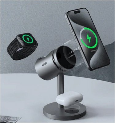 AUKEY LC-MC311A 3w1 Qi2 ładowarka bezprzewodowa MagSafe 15W chłodząca + ładowarka PD 30W