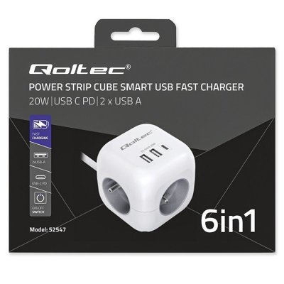 Qoltec Kostka zasilająca przedłużacz 6w1 z podświetlanym włącznikiem |  3x AC | 2x USB | 1x USB-C PD 20W | biała | kabel 2m