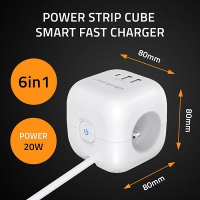 Qoltec Kostka zasilająca przedłużacz 6w1 z podświetlanym włącznikiem |  3x AC | 2x USB | 1x USB-C PD 20W | biała | kabel 2m