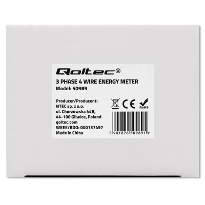 Qoltec Trójfazowy dwukierunkowy elektroniczny licznik | miernik zużycia energii na szynę DIN | 400V | 100A | LCD | 4P