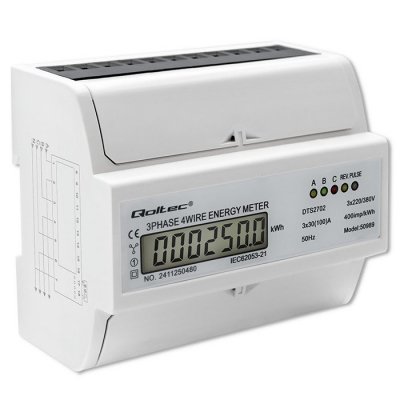 Qoltec Trójfazowy dwukierunkowy elektroniczny licznik | miernik zużycia energii na szynę DIN | 400V | 100A | LCD | 4P