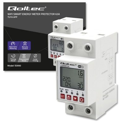 Qoltec Przekaźnik 63A na szynę DIN z licznikiem energii elektrycznej |  Timer | Tuya | Wi-Fi | LED                                                    ~