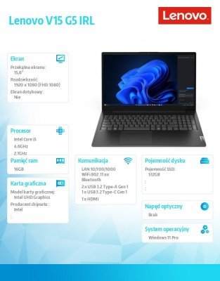 Lenovo Notebook V15 G5 83GW009APB W11Pro i5-13420H/16GB/512GB/INT/15.6 FHF/Business Black/3YRS OS
