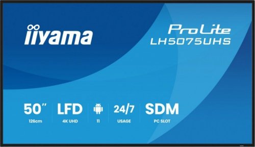 IIYAMA Monitor 50 cali LH5075UHS-B2AG,24/7,VA,ANDROID.11,4K,500cd,3xHDMI,DP, RJ45,2x10W,2xUSB,WiFi,4/32GB,24/7,A311D2, full daisy chain,                    i