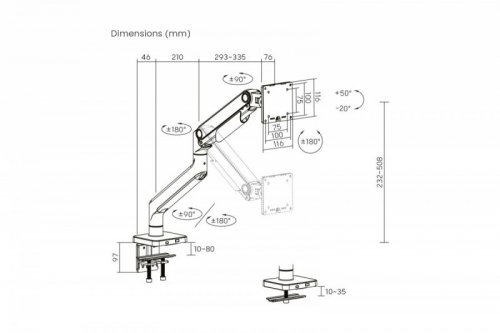 Digitus Ramię biurkowe pojedyncze z zaciskiem i sprężyną mechaniczną 1x LCD max. 49" 20kg, VESA: 75x75, 100x100, czarne