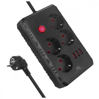 Maclean Listwa zasilająca MCE392 B, 4 gniazda 3xUSB, 110-240V AC 50/60Hz, 2.1A max 2500W, 1,5m czarna