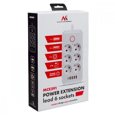 Maclean Listwa zasilająca MCE391 W 6 gniazd 4xUSB-A 1xUSB-C 110-240V AC 50/60Hz, 2.1A max 2500W, biała