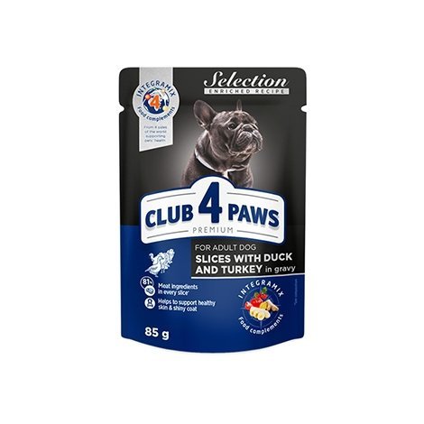 Club4Paws Selection Kaczka Indyk kawałki w sosie 85g saszetka Mokra karma dla dorosłych psów małych ras