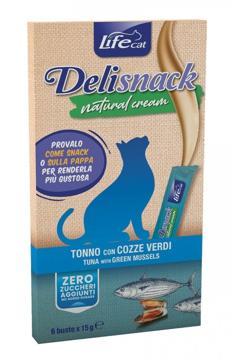 Krem Life cat Deli snack natural cream Tuna &amp; green mussels 6x15g Przysmak dla kota z Tuńczyka z zielonymi małżami 