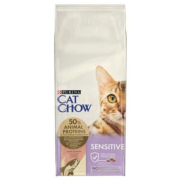 Purina Cat Chow Sensitive 15kg bogata w Łososia sucha karma dla Kotów wrażliwych na pokarm