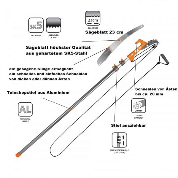 Astsäge Teleskopsäge Astschere bis 375cm Seilzug Gartensäge Schere Baumsäge