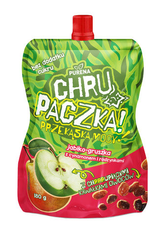 Chrupaczka przekąska jabłko-gruszka z cynamonem i rodzynkami 180g x 10sztuk