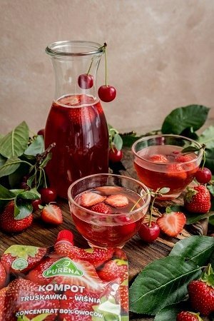 	Koncentrat kompotu, napoju, do saturatora truskawka-wiśnia, bez konserwantów, naturalny 340g x 4 sztuki