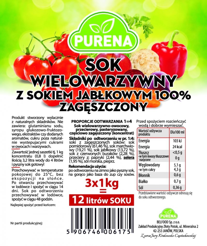 Sok wielowarzywny 100% zagęszczony 1kg na 4l