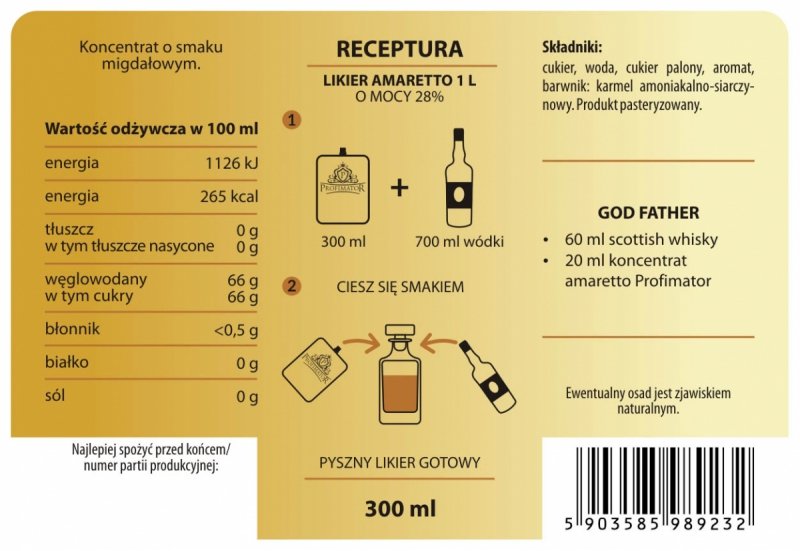 Bezalkoholowy koncentrat do przygotowywania napojów alkoholowych AMARETTO 300 ml
