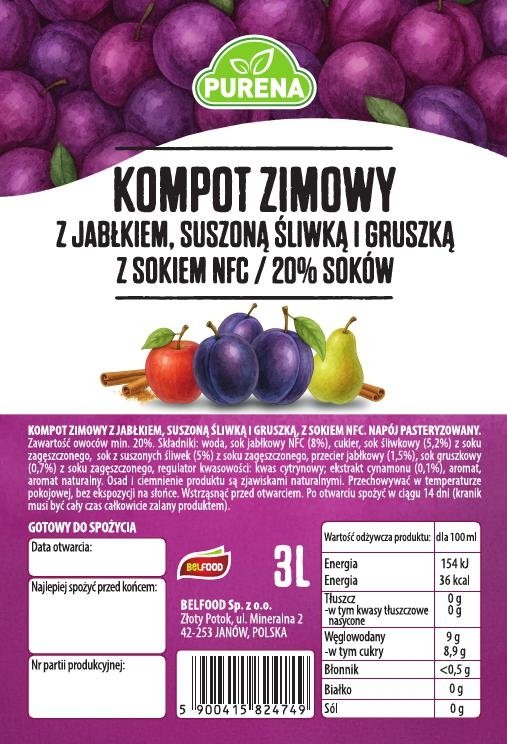 Domowy kompot zimowy z jabłkiem, suszoną śliwką i gruszką z sokiem NFC PURENA 3 L x 3 sztuki