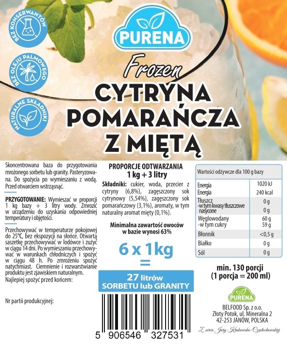 Sorbet, granita, lody włoskie - baza CYTRYNA-POMARAŃCZA Z MIĘTĄ 1kg