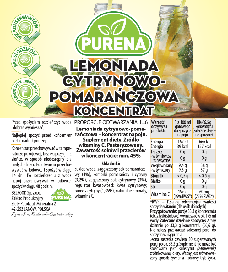 Lemoniada cytrynowo - pomarańczowa koncentrat 1kg na 6l