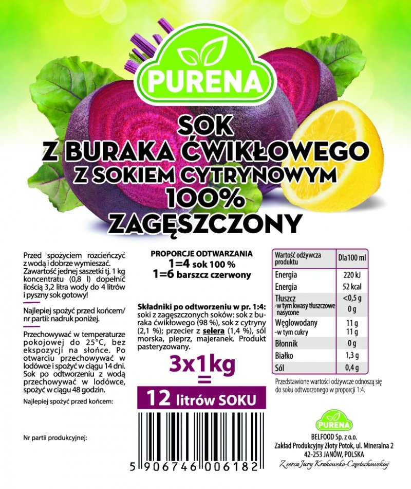 Sok z buraka 100% zagęszczony 1kg na 4l