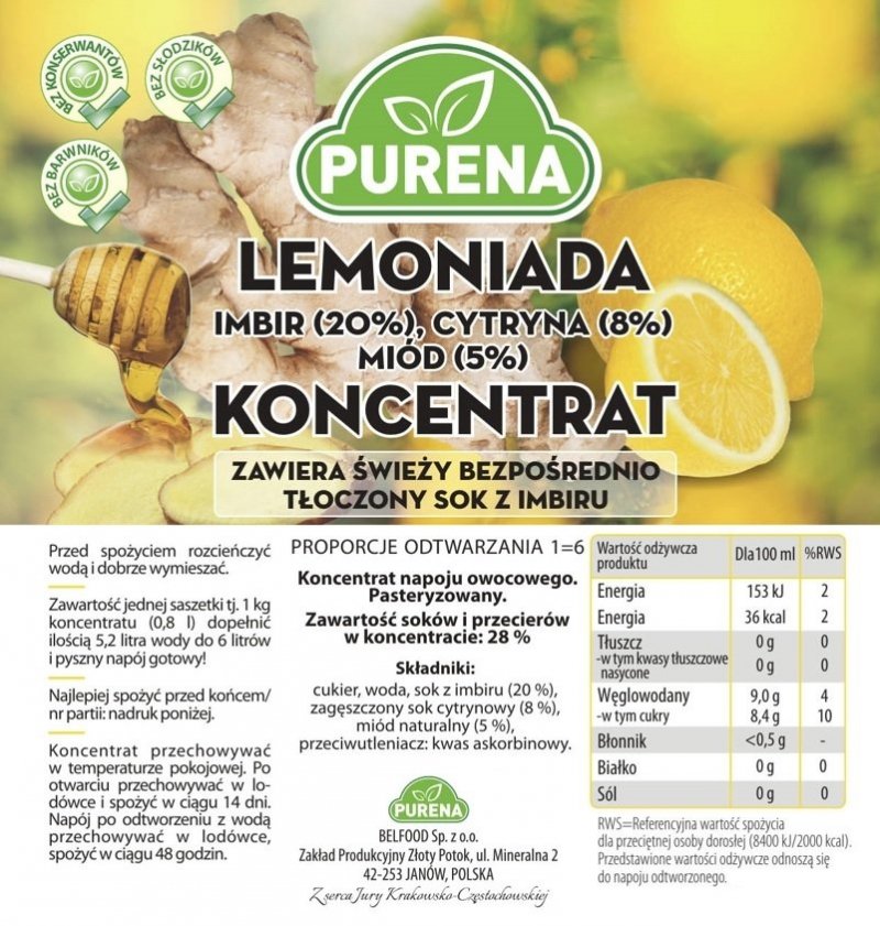 Lemoniada imbir-cytryna-miód koncentrat 1kg na 6l