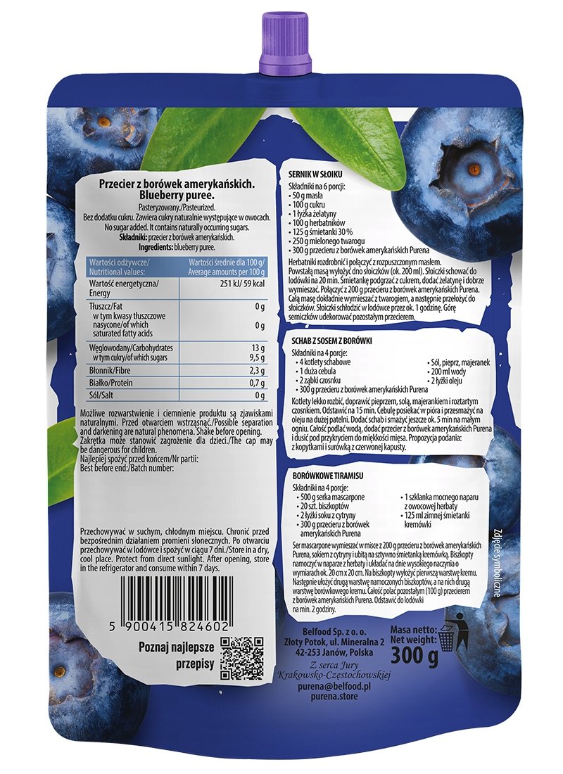 Borówka amerykańska 100% przecier mus PURENA 300 g x 10 sztuk