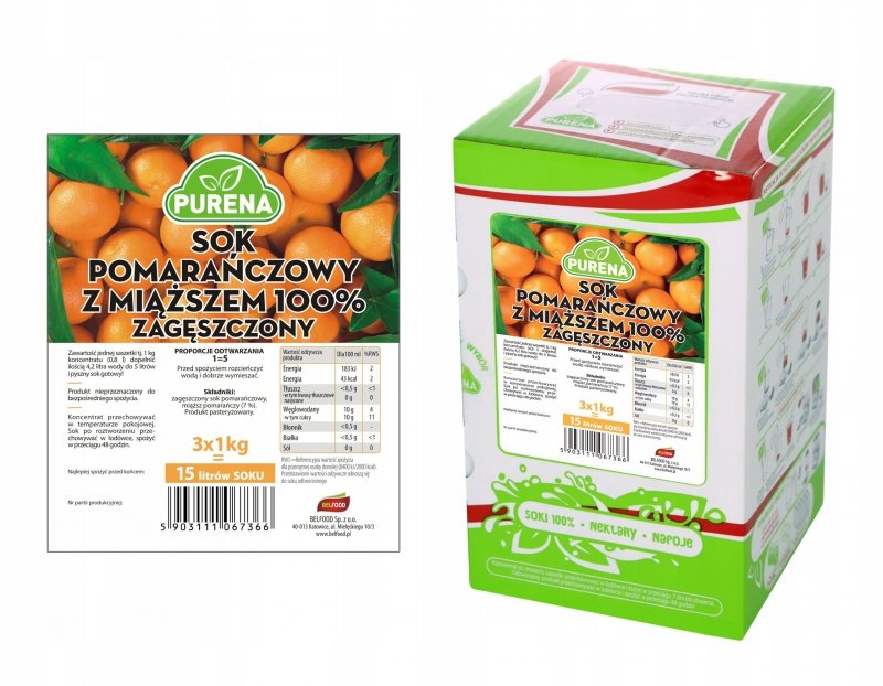 Sok pomarańczowy z miąższem 100% zagęszczony 15l/3kg