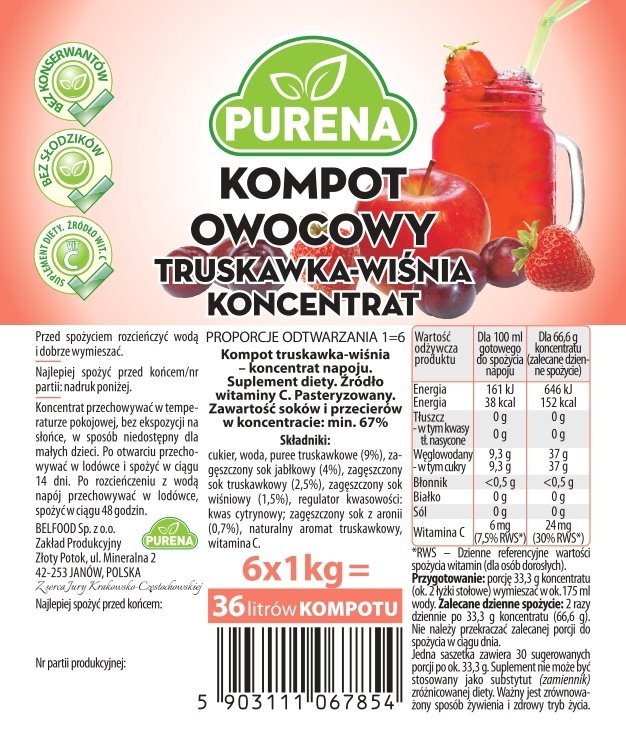 Kompot truskawka-wiśnia koncentrat 1kg na 6l