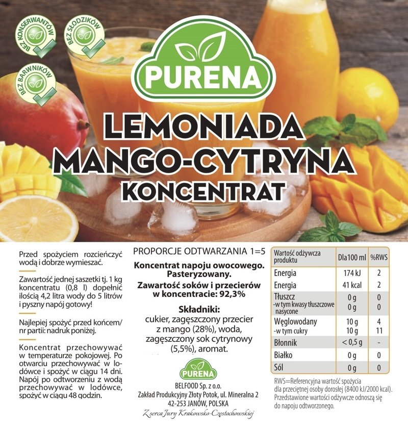 Lemoniada mango-cytryna koncentrat 1kg na 5l