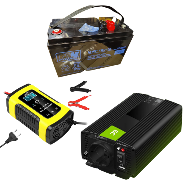 Zestaw podtrzymanie zasilania: AKUMULATOR AGM MWP 100AH 12V + ŁADOWARKA LCD 12V + PRZETWORNICA NAPIĘCIA INWERTER  12V NA 230V 300W/600W CZYSTA SINUSOIDA
