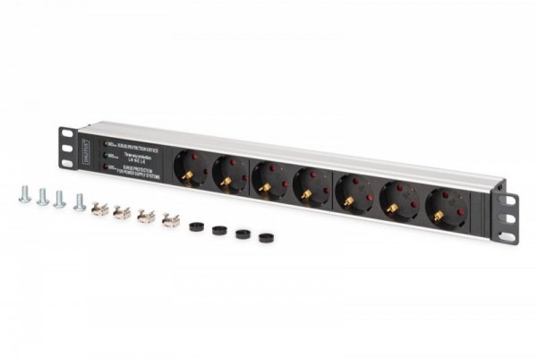 Digitus Listwa zasilająca PDU Rack 19" z zabezpieczeniem przeciwprzepięciowym + filtr EMI/RFI, 7 gniazd Schuko CEE 7/3, kabel 2m, wtyk Unischuko CEE 7/7, 16A,