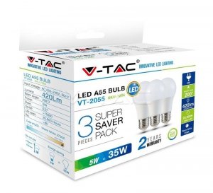 Żarówka LED V-TAC 5W E27 A55 (Opak. 3szt) VT-2055 2700K 420lm
